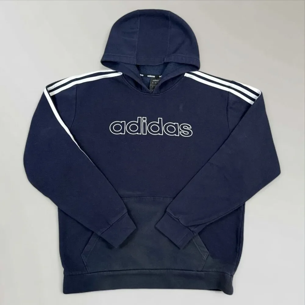 Adidas Mens Hooded Sweatshirt Blue Pullover Hoodie 3 Stripe Size Med
